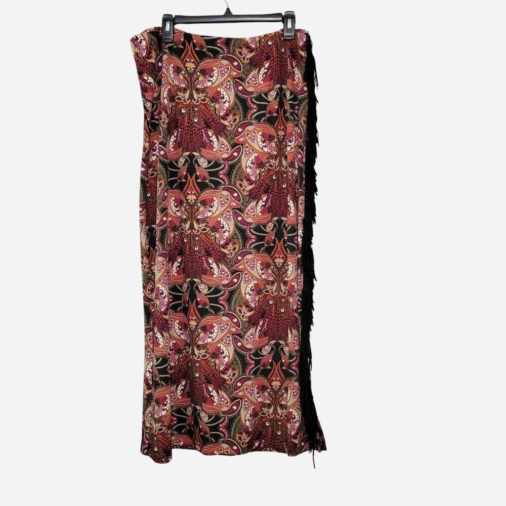 Cato Boho Feather Paisley Maxi Skirt w/ Fringe Trim Festival Y2K Western Hippie